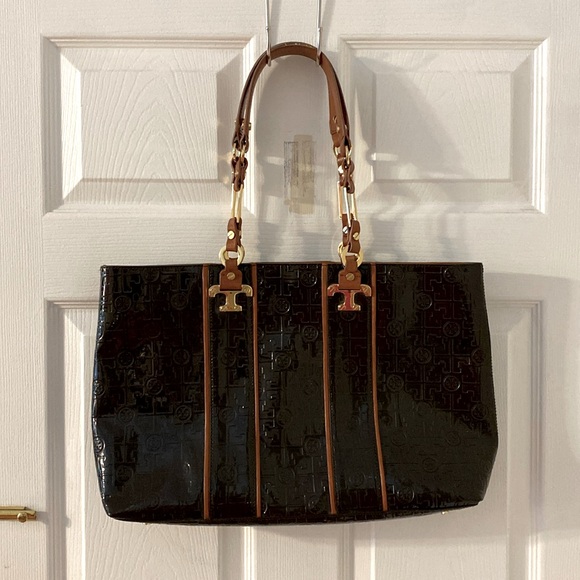 Tory Burch Handbags - Tory Burch Brown Patent Satchel with Tan Trim